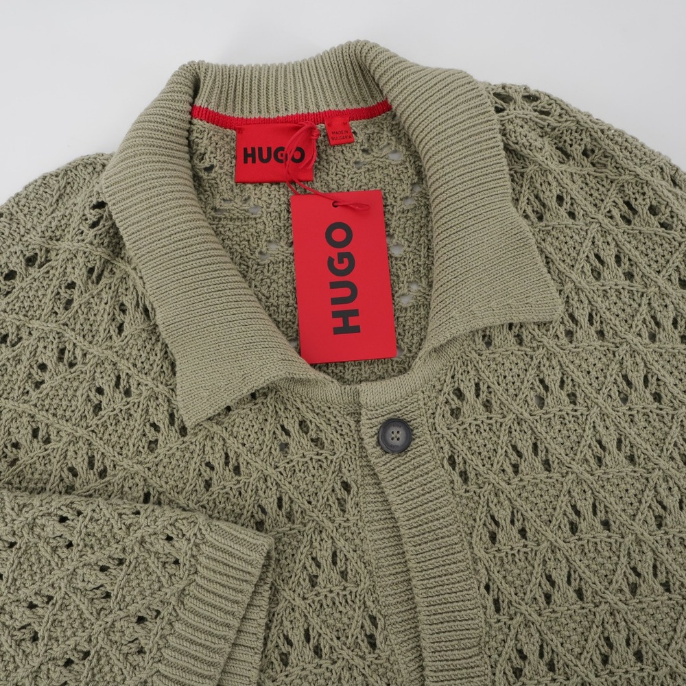 NEW HUGO Sommp Open Knit Button Down Shirt Green Short Sleeve Mens XXL MSRP $198